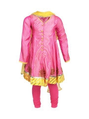 BIBA Girls Pink & Yellow Churidar Kurta Set