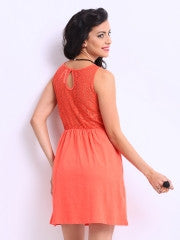 DressBerry Orange Lace Embellished Fit & Flare Dress